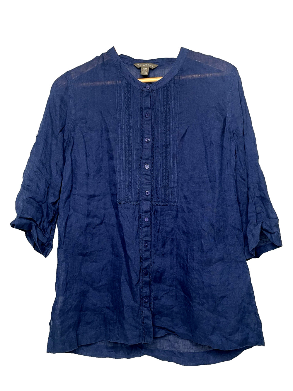 Tommy Bahama 100% Linen Blue Roll Tab Pintuck Button Front Blouse Womens M